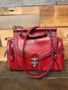 Red Statement Handbag Unique Metal Closure Structured Faux Leather Purse